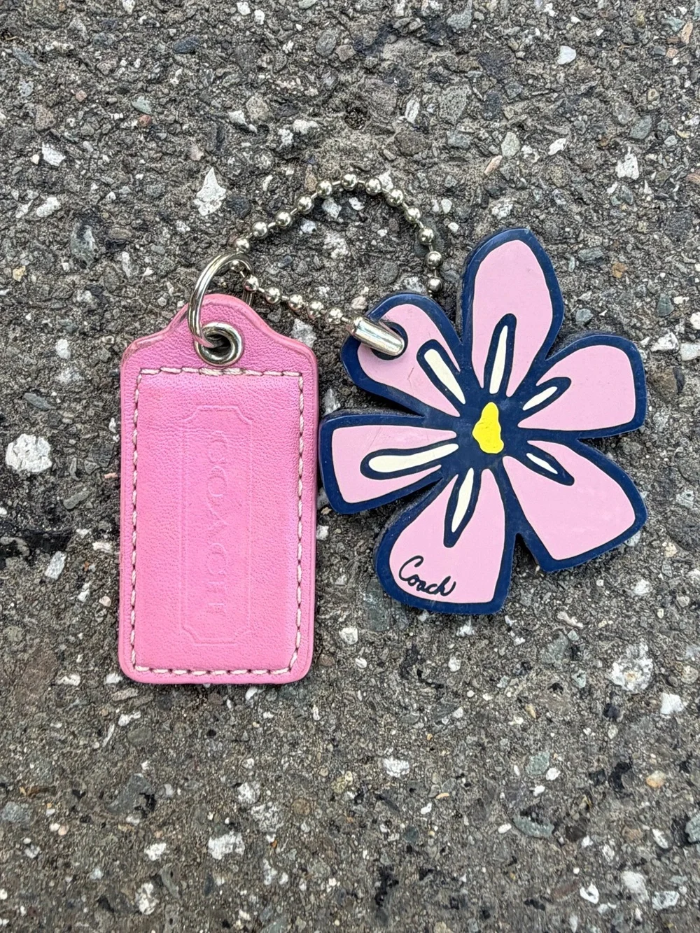 Vintage Coach Pink Leather Tag Keychain   Navy Floral Poppy Charm